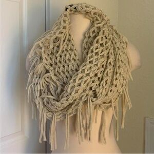 Chunky Knit Cream Infinity Scarf with Fringe